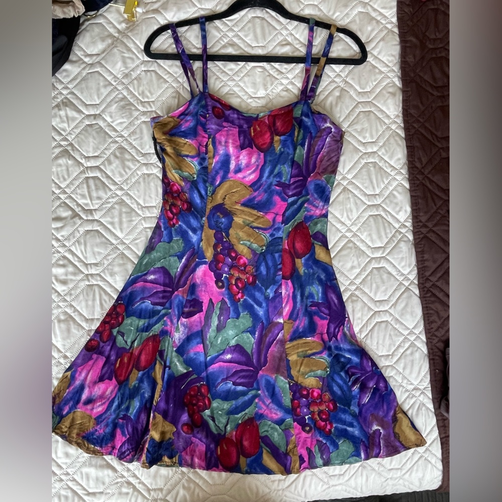 Vintage 90s All That Jazz Cotton Ruffle Floral Cut Out Back Colorful Dress - Picture 2 of 9